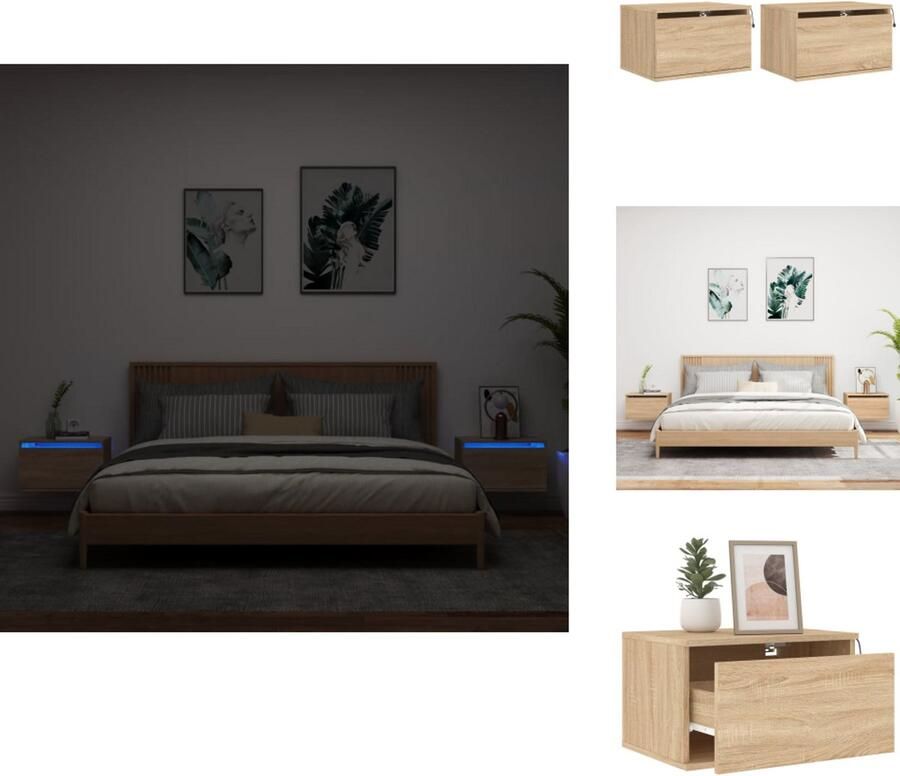 VidaXL Wandgemonteerd Nachtkastje Wandgemonteerde Nachtkastjes Nachtkastje Zwevend Nachtkastje Nachtkastjes met LED wandgemonteerd 2 st sonoma eikenkleurig
