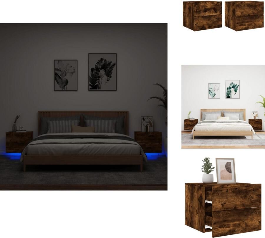 VidaXL Wandgemonteerd Nachtkastje Wandgemonteerde Nachtkastjes Nachtkastje Zwevend Nachtkastje Nachtkastjes met LED's 2 st wandgemonteerd gerookt eikenkleurig