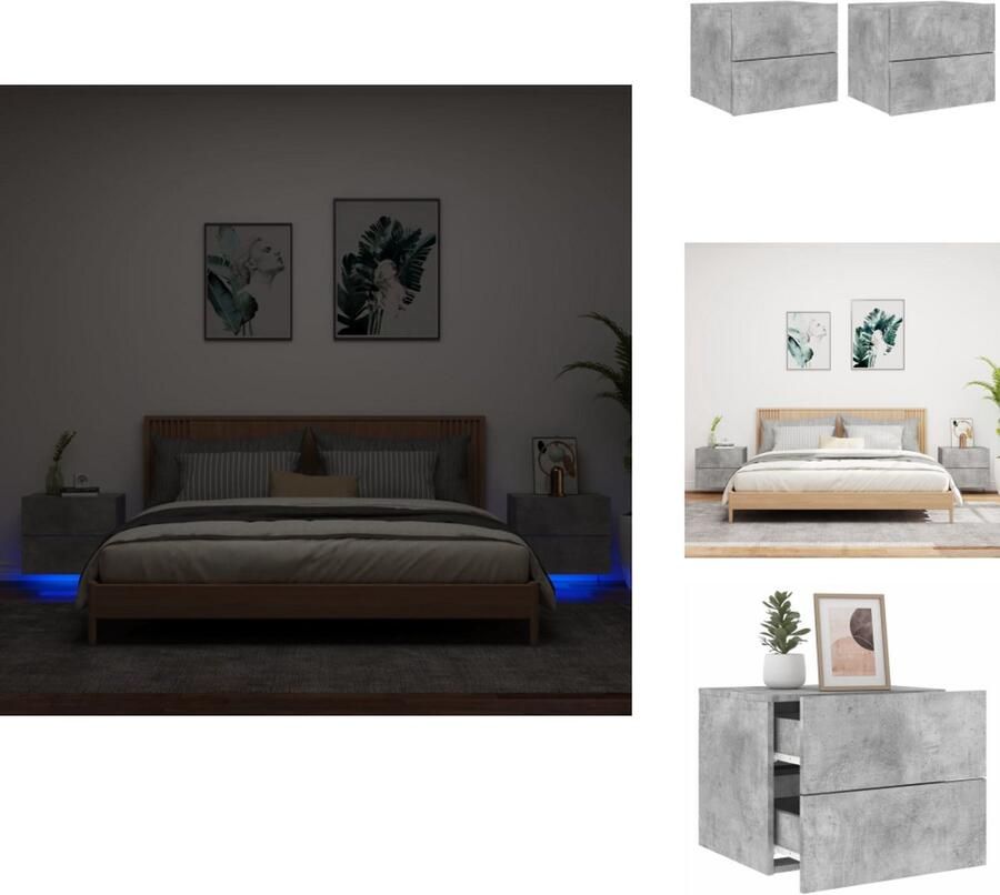 VidaXL Wandgemonteerd Nachtkastje Wandgemonteerde Nachtkastjes Nachtkastje Zwevend Nachtkastje Nachtkastjes met LED's 2 st wandgemonteerd betongrijs