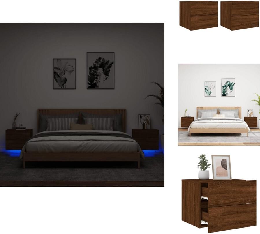 VidaXL Wandgemonteerd Nachtkastje Wandgemonteerde Nachtkastjes Nachtkastje Zwevend Nachtkastje Nachtkastjes met LED's 2 st wandgemonteerd bruin eikenkleur
