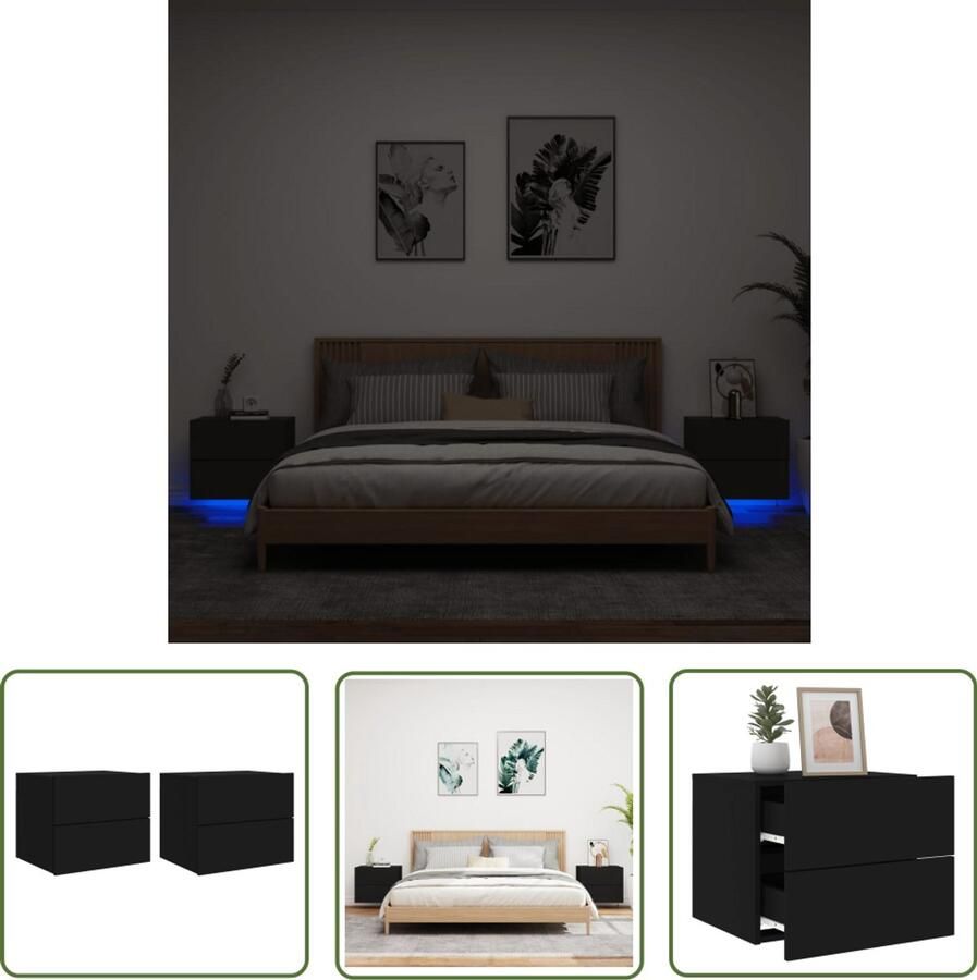 The Living Store Nachtkastjes met LED's 2 st wandgemonteerd zwart Wandgemonteerd Nachtkastje Wandgemonteerde Nachtkastjes Nachtkastje Zwevend Nachtkastje
