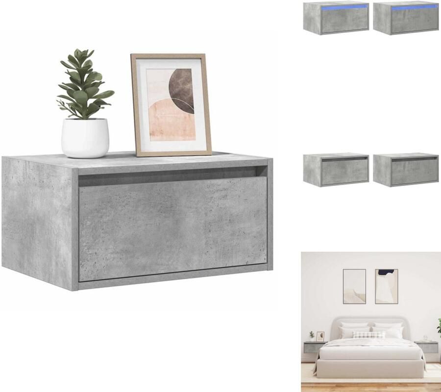 VidaXL Wandgemonteerde Nachtkastje Wandgemonteerde Nachtkastjes Nachtkastje Nachtkastjes met LED's 2 st wandgemonteerd betongrijs