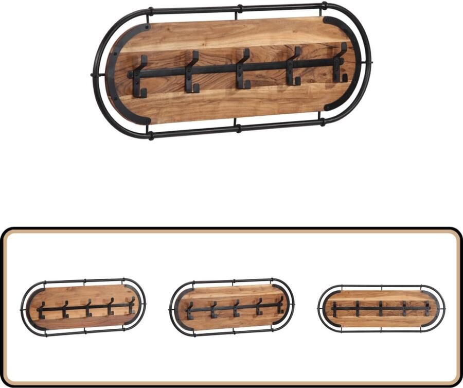 VidaXL Wandkapstok 5 haken Acaciahout en ijzer Wandkapstok Houten Kapstok Acacia Hout Entree Organisatie Kledingopbergen