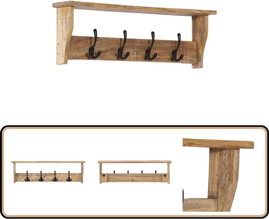 VidaXL Wandkapstok Massief Mangohout 4 Haken Wandkapstok Houten Kapstok Mangohout Kapstok Entree Organisatie Woon Accessoires