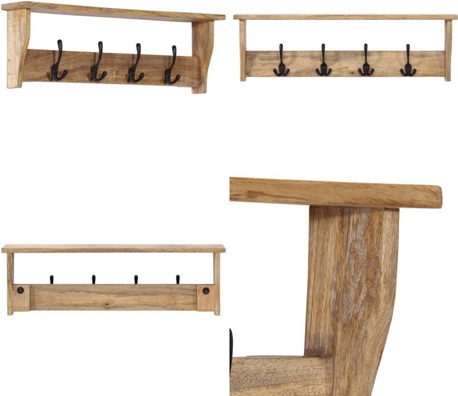 VidaXL Wandkapstok met 4 haken massief mangohout Kapstok Kapstokken Wandrek Houten Kapstok