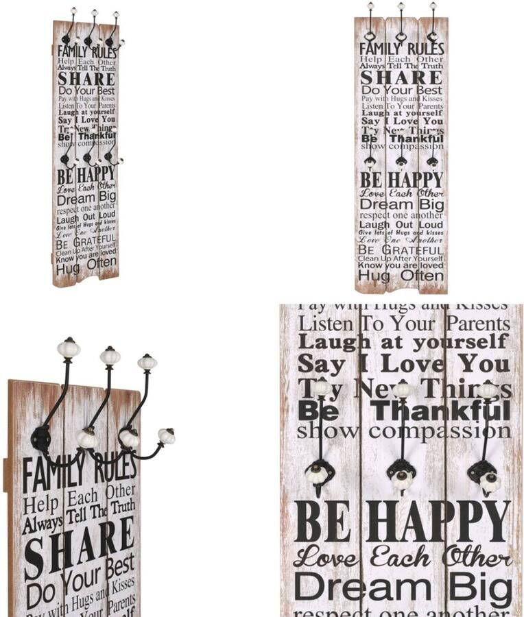 VidaXL Wandkapstok met 6 haken FAMILY RULES 120x40 cm Kapstok Kapstokken Muurkapstok Muurkapstokken