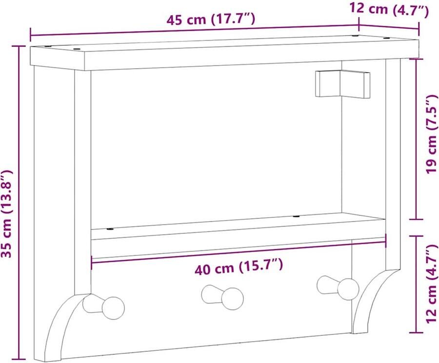 VidaXL Wandkapstok SANDNES 45x12x35 cm massief grenenhout