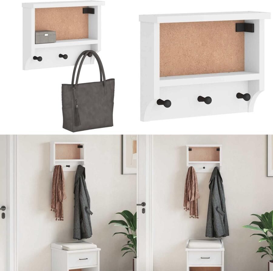 VidaXL Wandkapstok SANDNES wit 45x12x35 cm massief grenenhout Wandkapstok Wandkapstokken Kapstokhaakrek Wandkapstokhanger