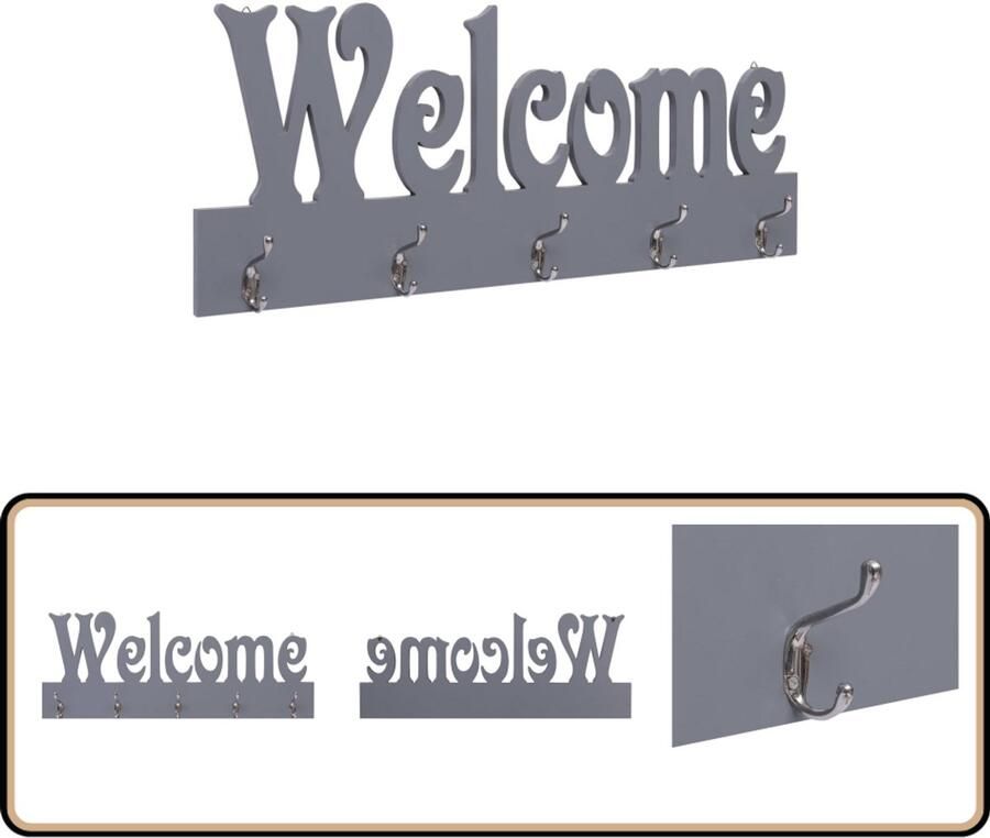 VidaXL Wandkapstok WELCOME 74x29 5 cm Grijs Wandkapstok Mdf Kapstok Welkom Kapstok Kledinghanger Muur Hanger