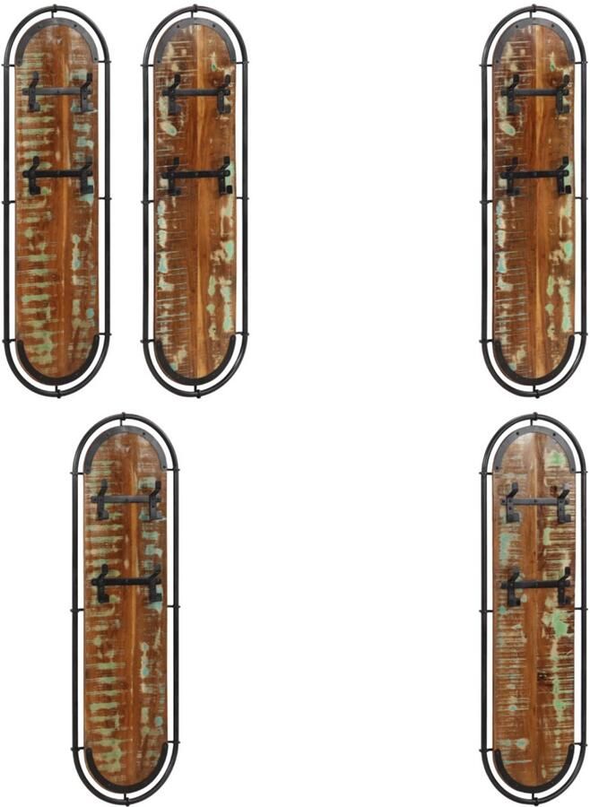 VidaXL Wandkapstokken 2 st met 4 haken massief gerecycled hout Kapstok Kapstokken Kledingrek Kleerhanger Rek