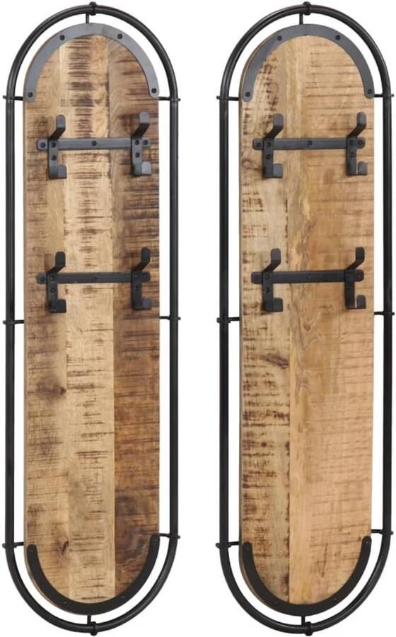 VidaXL Wandkapstokken 2 st met 4 haken massief ruw mangohout