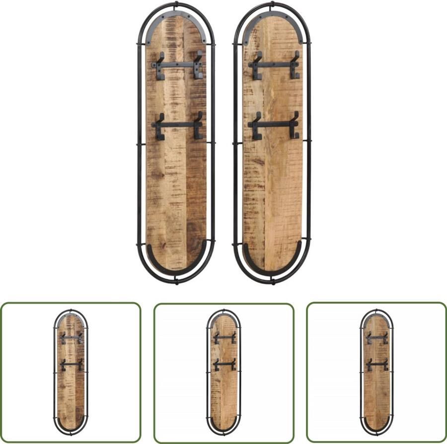 The Living Store Wandkapstokken 2 st met 4 haken massief ruw mangohout Wandkapstok Kapstok Houten Kapstok Mango Hout Industriële Kapstok