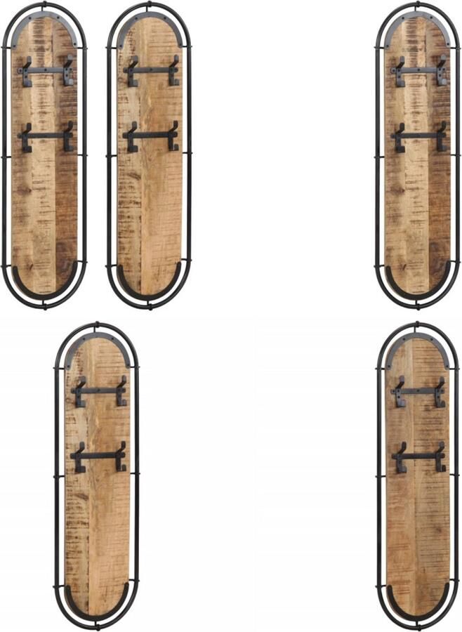 VidaXL Wandkapstokken 2 st met 4 haken massief ruw mangohout Kapstok Kapstokken Kledingrek Kleerhanger Rek - Foto 2