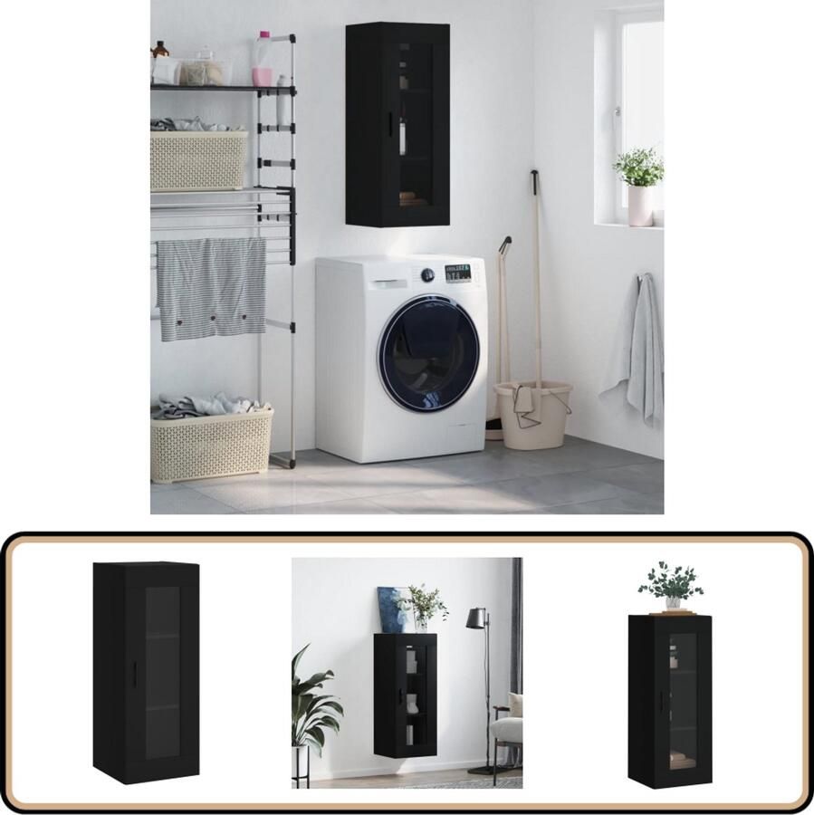 VidaXL Wandkast Zwart 34 5x34x90 cm Bewerkte hout Zwevende Kast Wandkast Houten Kast Vitrinekast Opbergkast