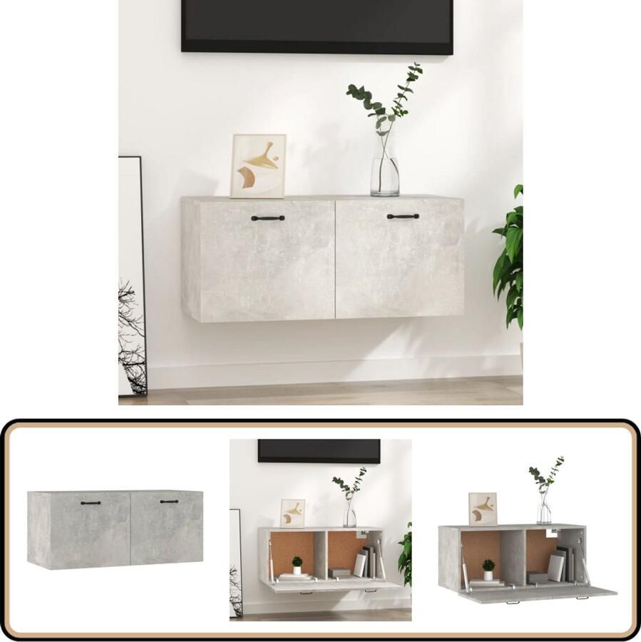 The Living Store Wandkast 80x36 5x35 cm bewerkt hout betongrijs Zwevende Wandkast Grijs Houten Wandkast Bergruimte Opslagwandkast