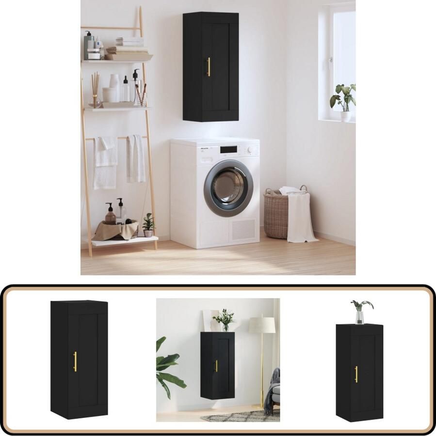 VidaXL Wandkast Bewerkt Hout Zwart 34 5x34x90 cm Wandkast Opbergkast Zwarte Kast Houten Kast Moderne Kast - Foto 2