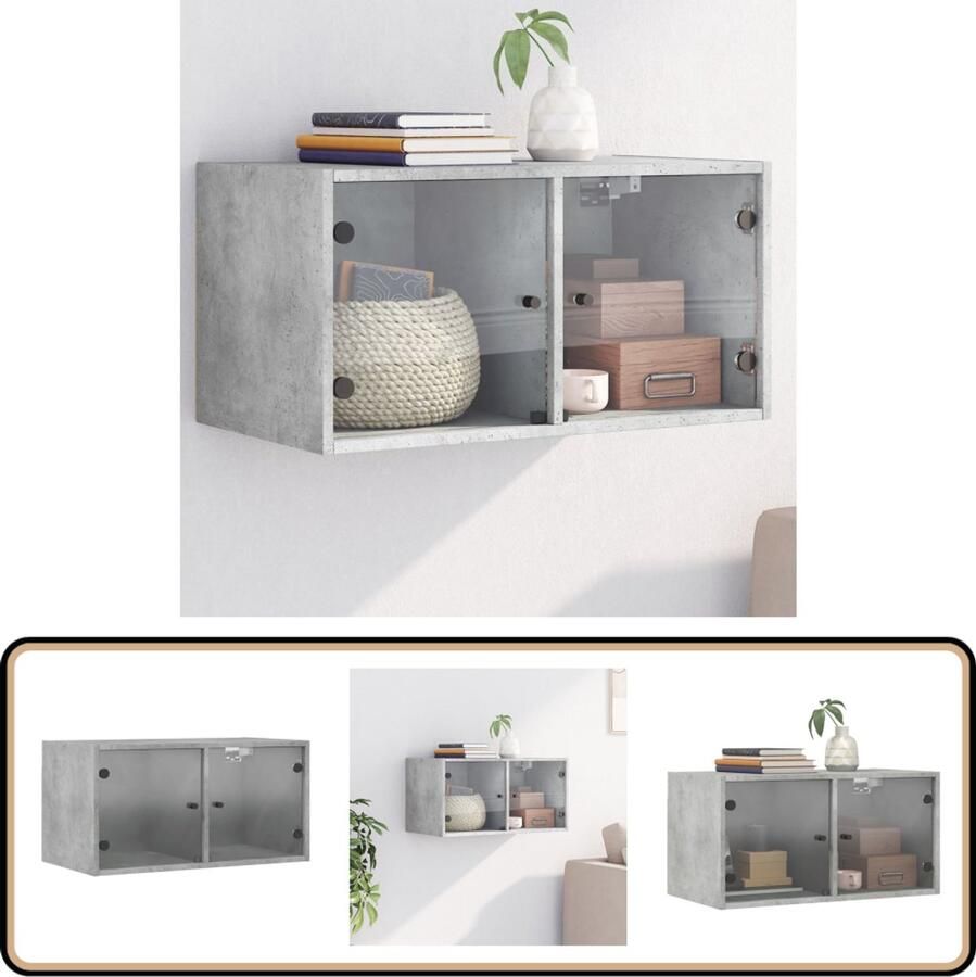 VidaXL Wandkast Glazen Deuren 68 5x37x35 cm Grijs Wandkast Wandkasten Opbergkast Wandgemonteerde Kast