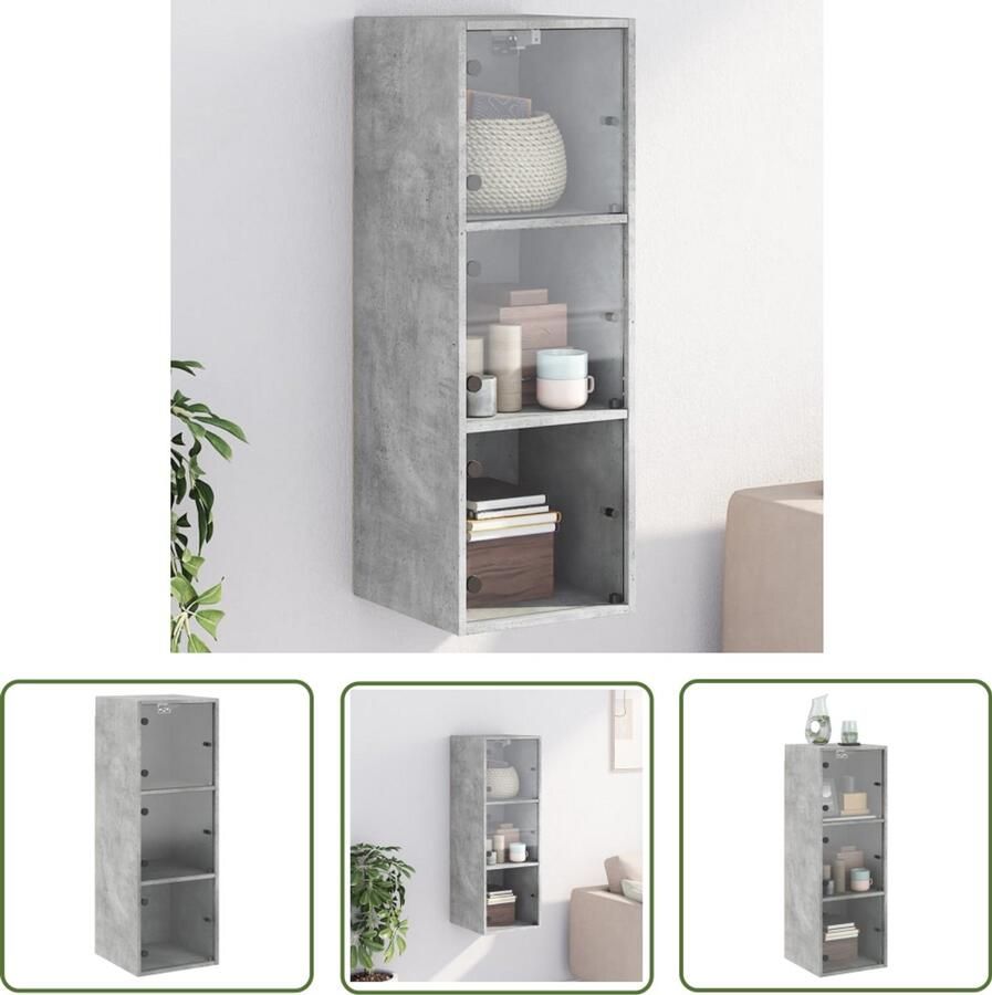 The Living Store Wandkast met glazen deuren 35x37x100 cm betongrijs Hangkast Wandkast Beton Grijs Houten Kast Glazen Deuren