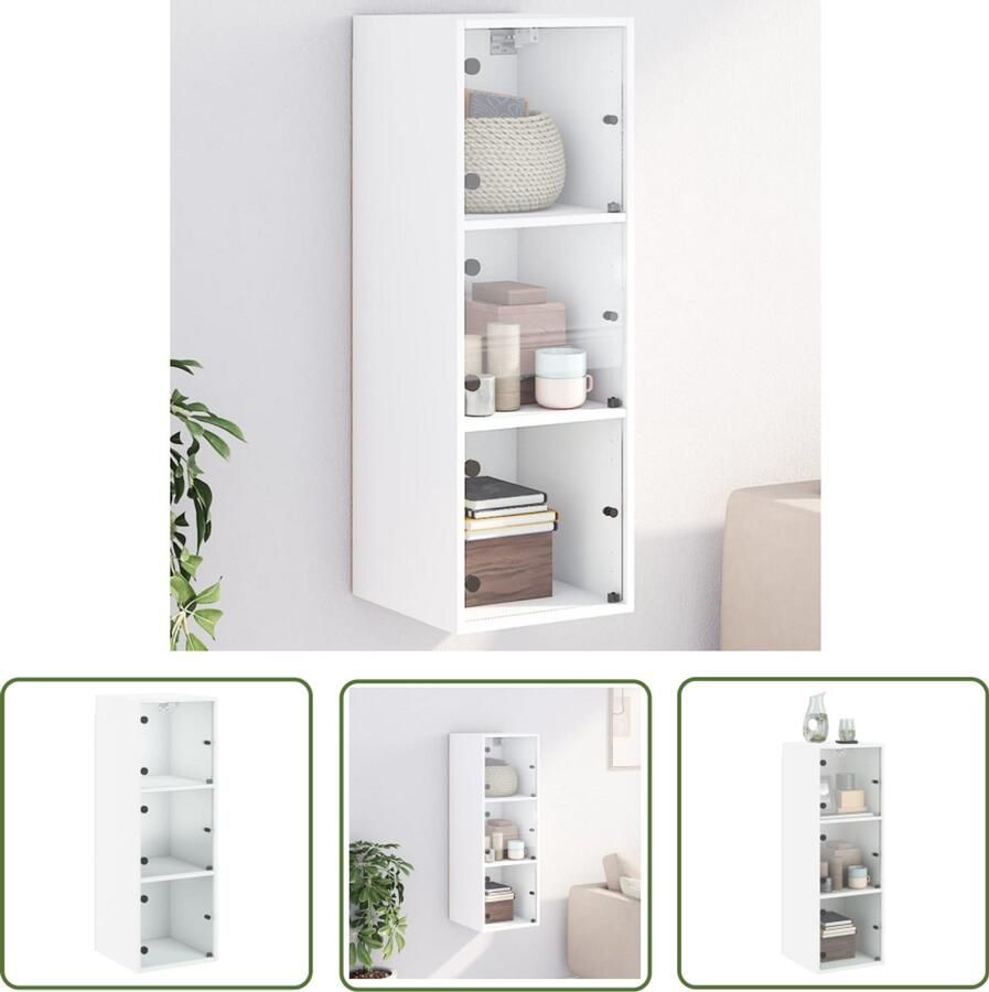 The Living Store Wandkast met glazen deuren 35x37x100 cm wit Hangkast Wandkast Opbergkast Keukenopstelling Badkamermeubilair