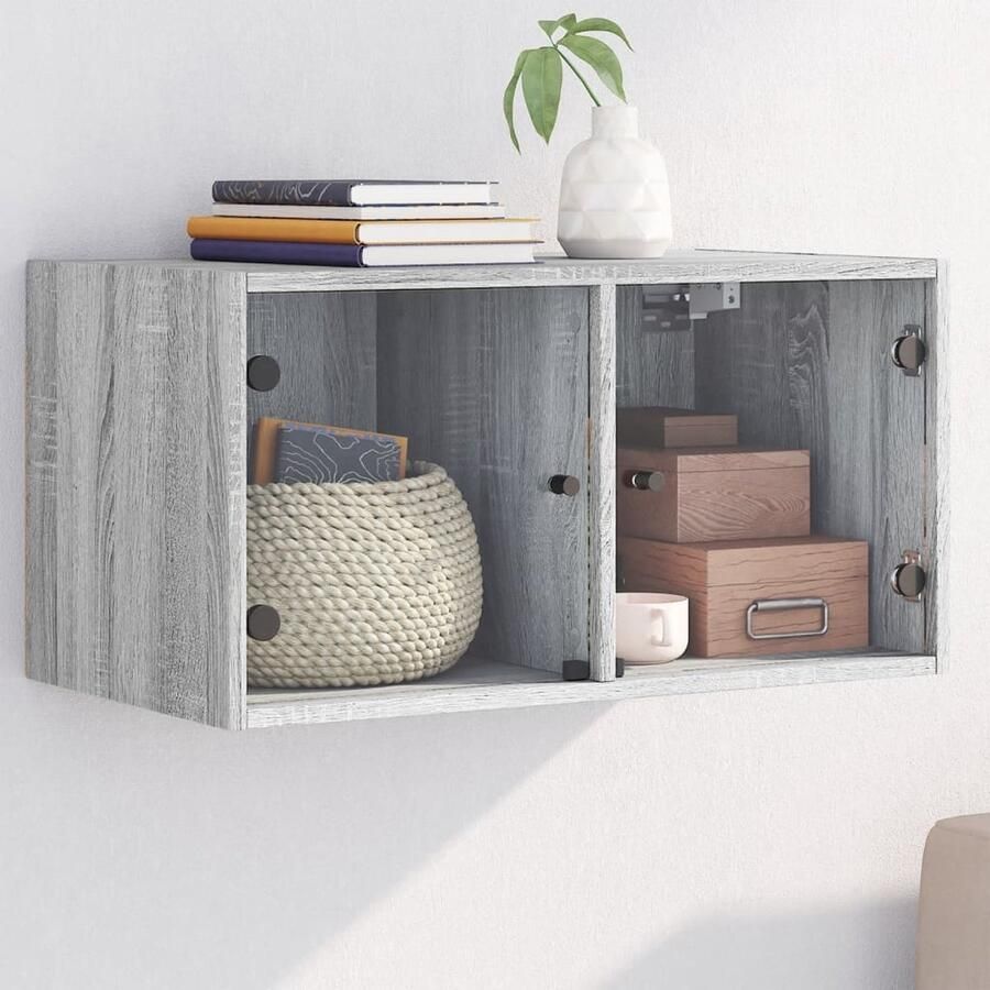 The Living Store Wandkast met glazen deuren 68 5x37x35 cm grijs sonoma Hangkast Wandkast Opbergkast Houten Kast Grijze Kast
