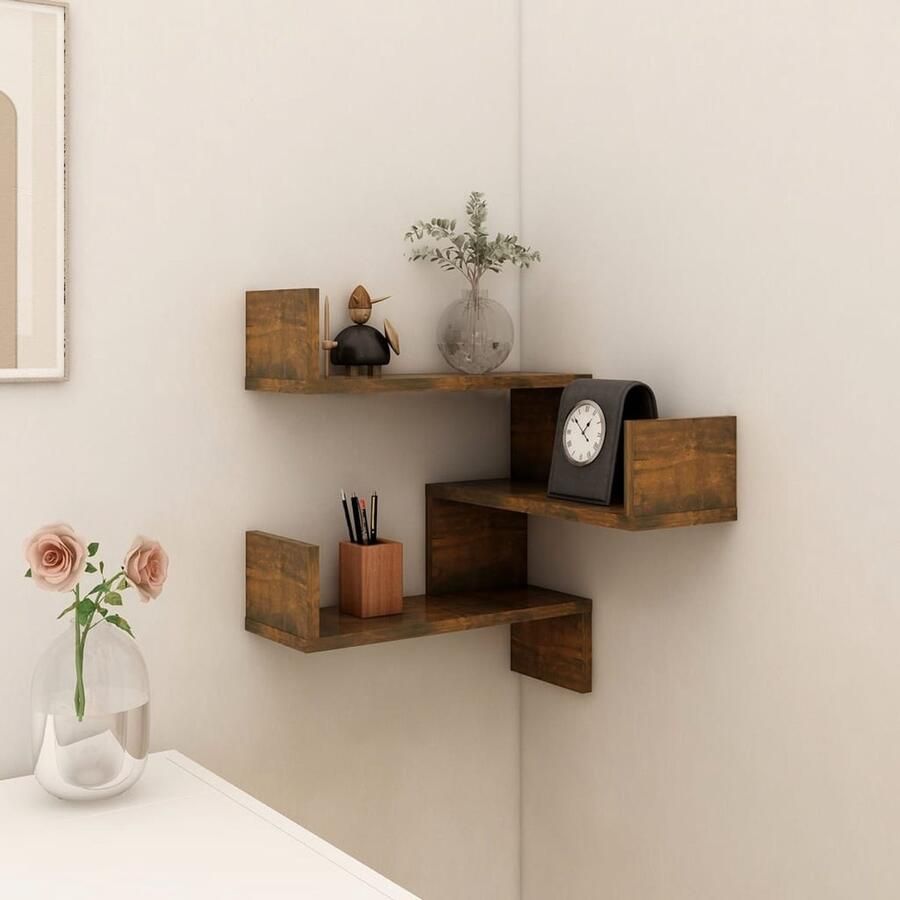 The Living Store Hoekwandschap 40x40x50 cm bewerkt hout gerookt eikenkleurig Hoekwand Wandplank Houten Kast Bergruimte Woonaccessoires