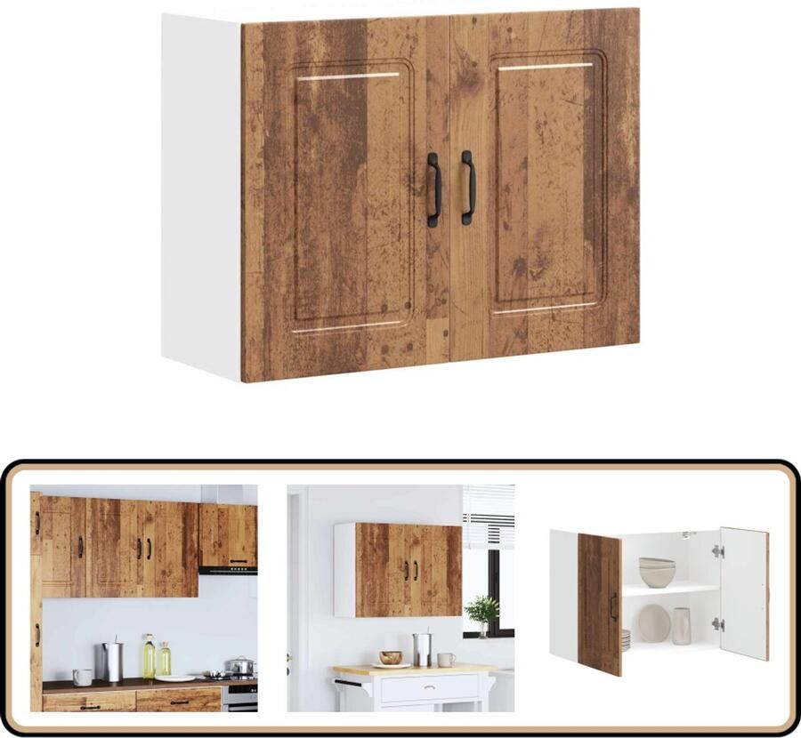 The Living Store Keukenwandkast Kalmar bewerkt hout oud houtkleurig Keukenwandkast Houten Keukenkast Opslagoplossing Keuken Keukeninrichting Bergruimte Keuken