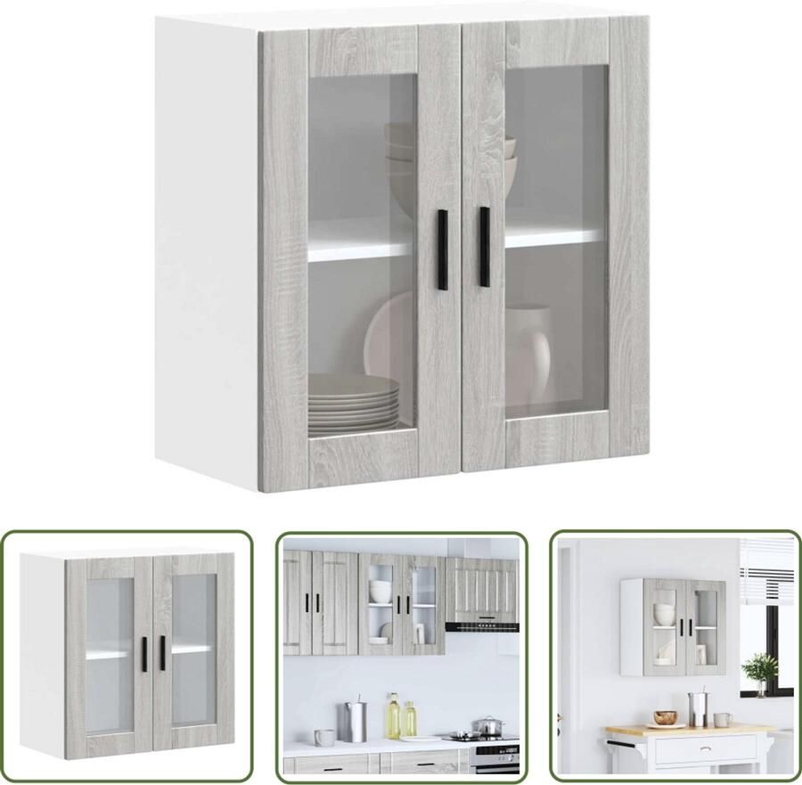 VidaXL Wandkast Keuken Kast Keukenwandkast met glazen deur Porto grijs sonoma eiken Opslagoplossing Keuken Organisatie Houten Kast