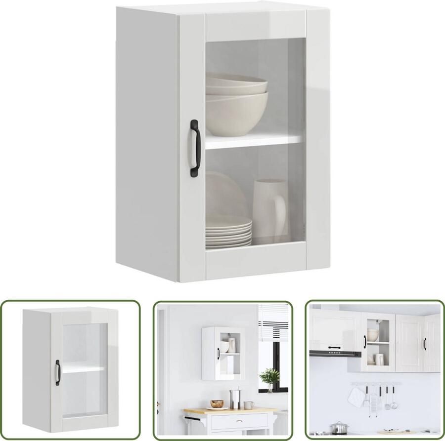 The Living Store Keukenwandkast met glazen deur Porto hoogglans wit Keuken Kast Wandkast Opslagruimte Keukeninrichting Houten Kast