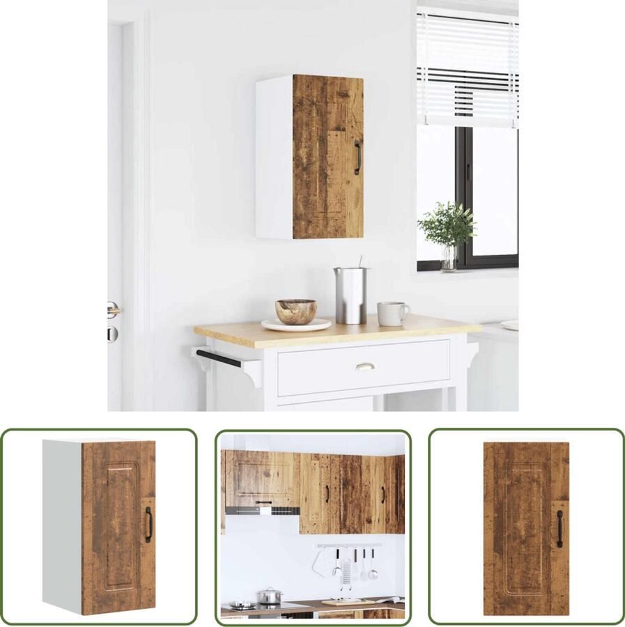 The Living Store Keukenwandkast Kalmar bewerkt hout oud houtkleurig Keukenkast Wandkast Opbergruimte Houten Kast Vintage Kast