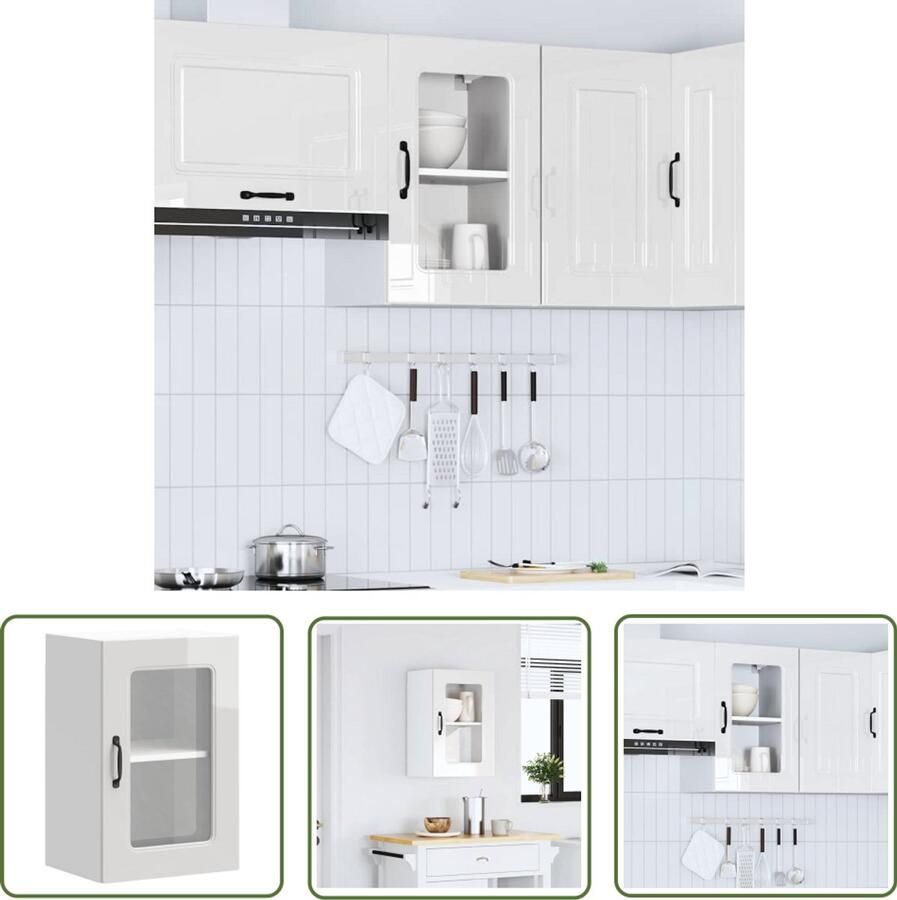 The Living Store Keukenwandkast met glazen deur Kalmar bewerkt hout hoogglanswit Keukenkast Wandkast Opslagruimte Keukengerei Houten Kast