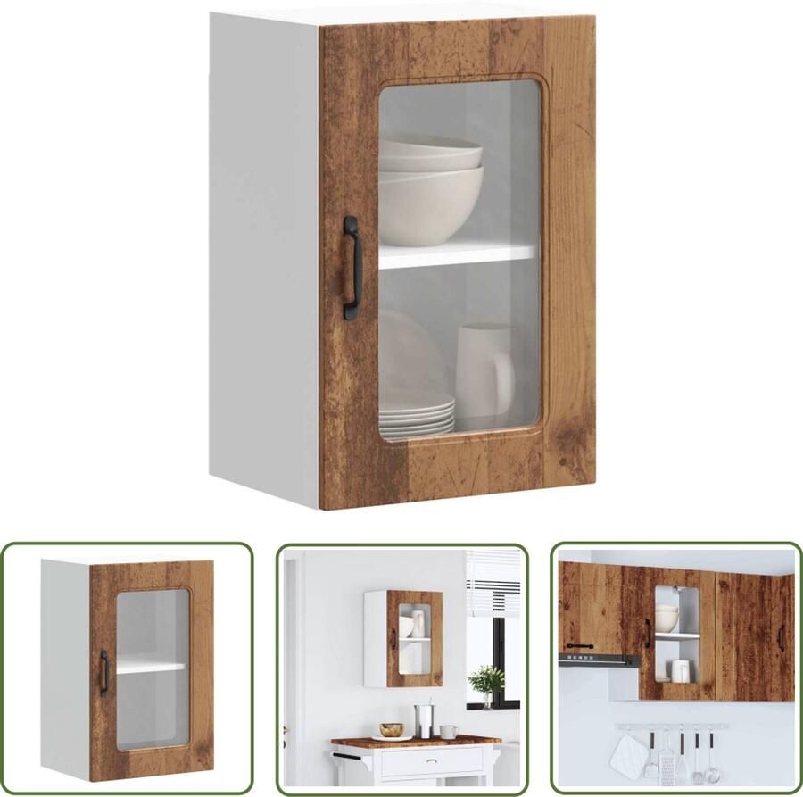 The Living Store Keukenwandkast met glazen deur bewerkt hout oud houtkleurig Keukenkast Wandkast Opslagoplossing Houten Kast Vintage Kast