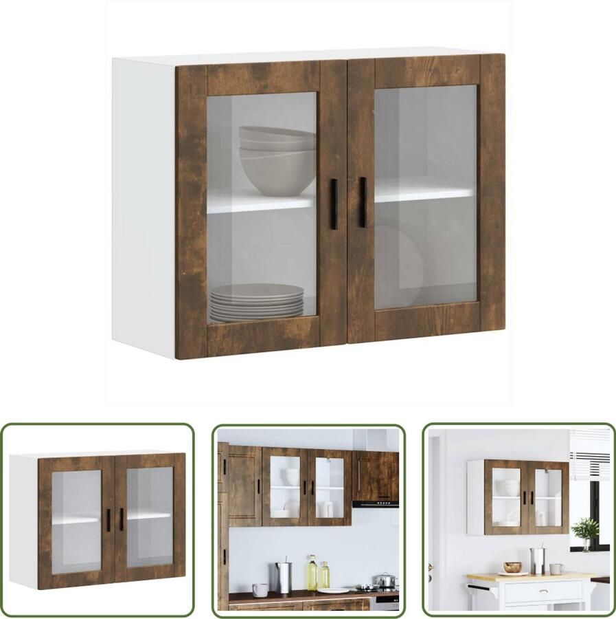 The Living Store Keukenwandkast met glazen deur Porto gerookt eikenkleurig Keukenwandkast Opbergkast Keuken Keukeninrichting Houten Keukenkast Glazen Deur