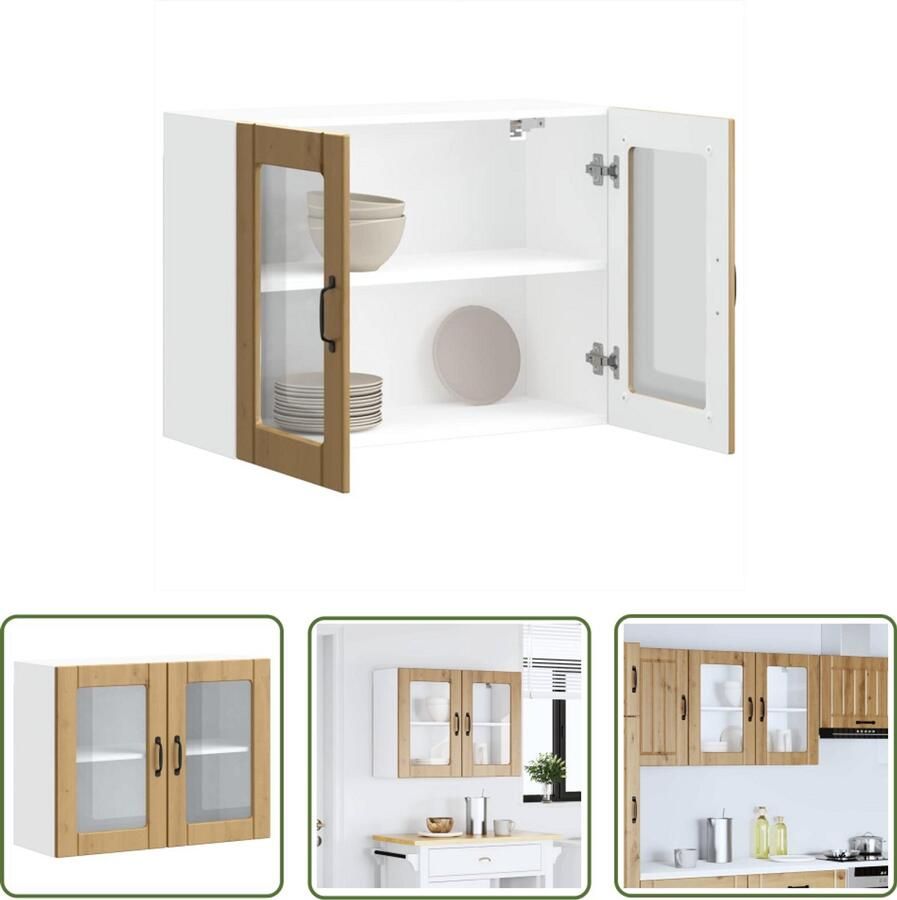 VidaXL Keukenwandkast met glazen deur bewerkt hout artisanaal eiken Keukenwandkast Wandkast Opslagoplossing Keukenaccessoires Houten Kast