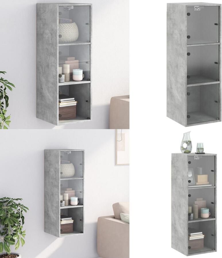 VidaXL Wandkast met glazen deuren 35x37x100 cm betongrijs Wandkast Wandkasten Opbergkast Wandgemonteerde Kast