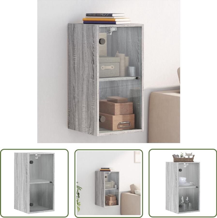 The Living Store Wandkast met glazen deuren 35x37x68 5 cm grijs sonoma eiken Wandkast Houten Kast Opbergkast Greeploze Kast Vitrinekast