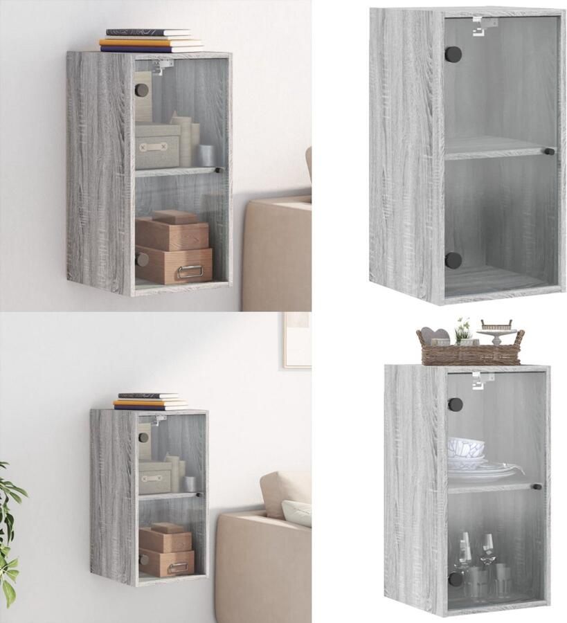The Living Store Wandkast met glazen deuren 35x37x68 5 cm grijs sonoma eiken Wandkast Houten Kast Opbergkast Greeploze Kast Vitrinekast - Foto 2
