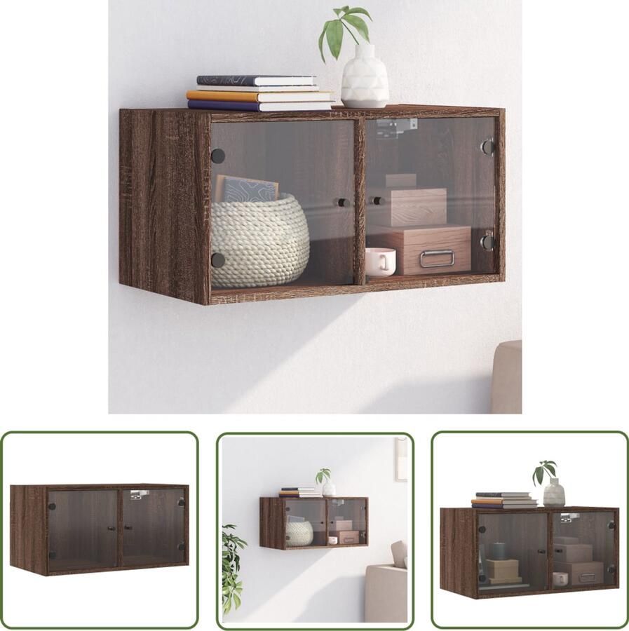 The Living Store Wandkast met glazen deuren 68 5x37x35 cm bruin eikenkleur Hangkast Wandkast Houten Kast Vitrinekast Bergruimte