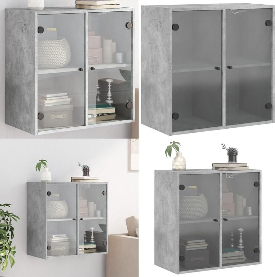 VidaXL Wandkast met glazen deuren 68x37x68 5 cm betongrijs Wandkast Wandkasten Kast Bijzetkast
