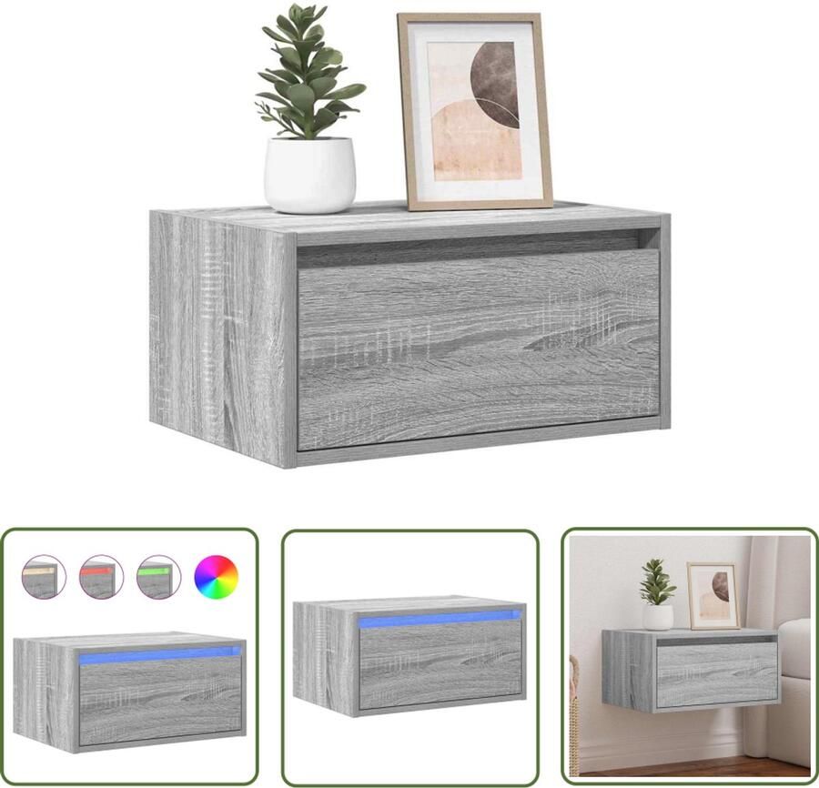 The Living Store Nachtkastje met LED's wandgemonteerd grijs sonoma eikenkleurig Nachtkastje Wandkast Led Lamp Slaapkamersfeer Houten Meubels