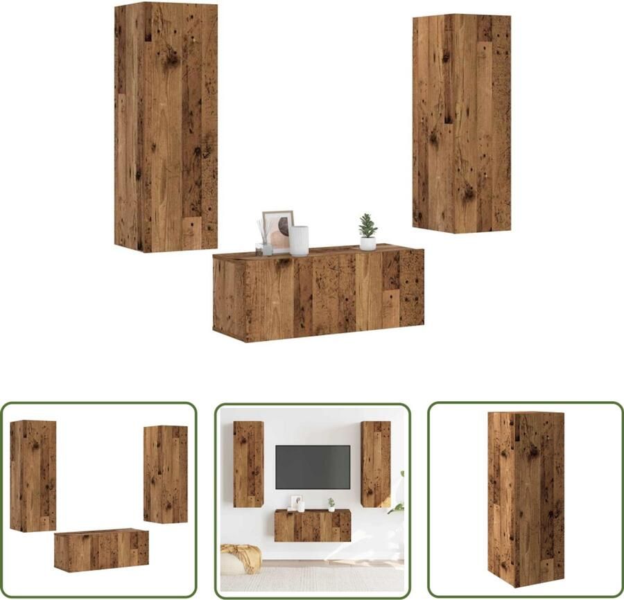 The Living Store Tv-wandkasten 3 st bewerkt hout oud houtkleurig Tv Kast Wandkast Media Kast Houten Kast Opbergkast