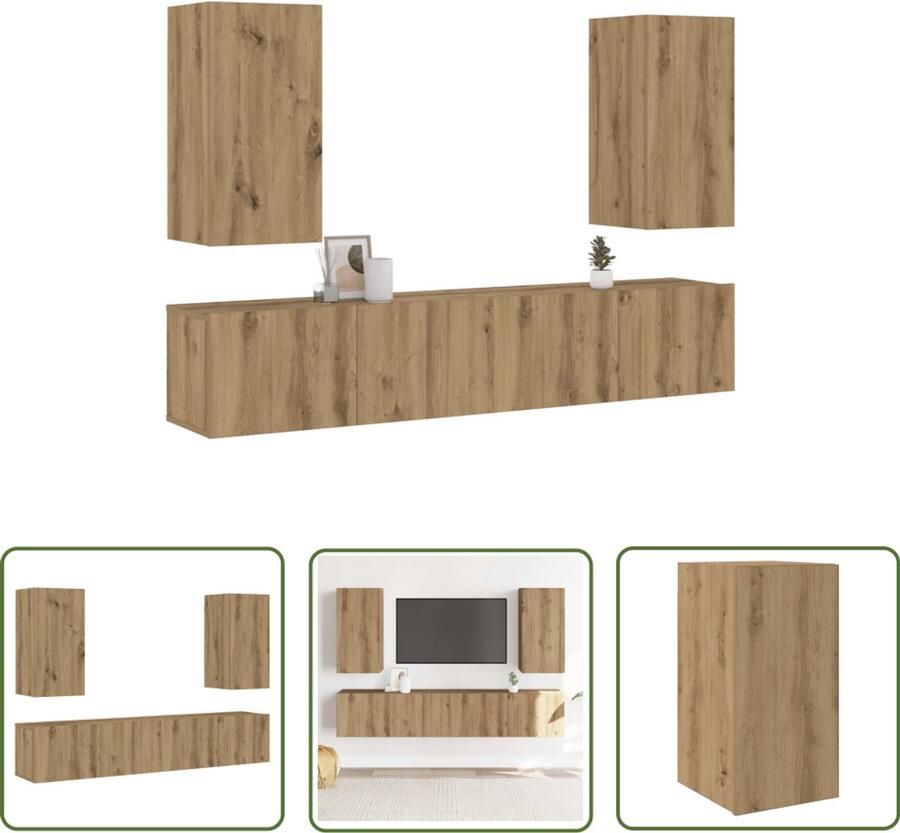 The Living Store Tv-wandkasten 4 st bewerkt hout artisanaal eikenkleurig Tv Kast Wandkast Houten Tv Stand Media Kast Salontafel