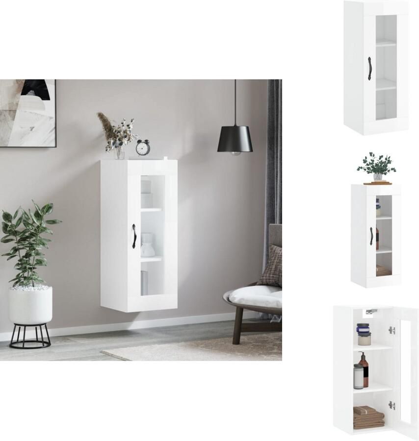 VidaXL Zwevende Hangkast Hoogglans Wit 34.5 x 34 x 90 cm Bewerkt Hout en Glas Keukenkast - Foto 4