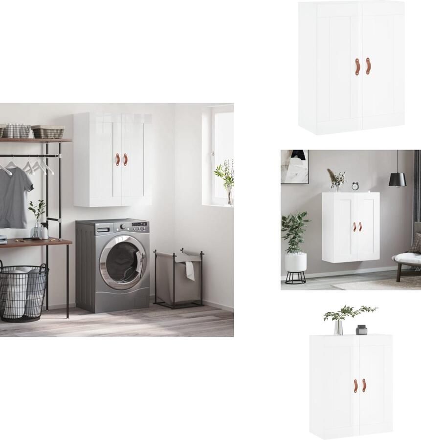 VidaXL Hangkast Opbergkast 69.5 x 34 x 90 cm Hoogglans wit Wandgemonteerd Kunstleer handgrepen Keukenkast