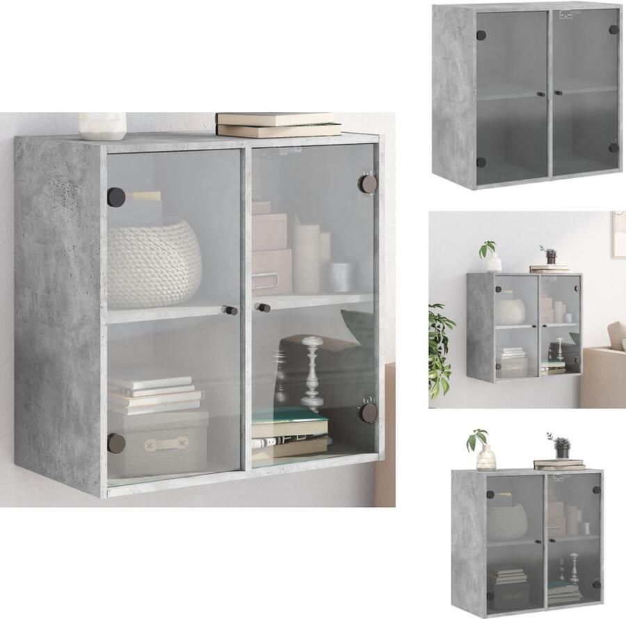 The Living Store Wandkast met glazen deuren 68x37x68 5 cm betongrijs Hangkast Wandkast Opbergkast Houten Kast Grijze Kast - Foto 2