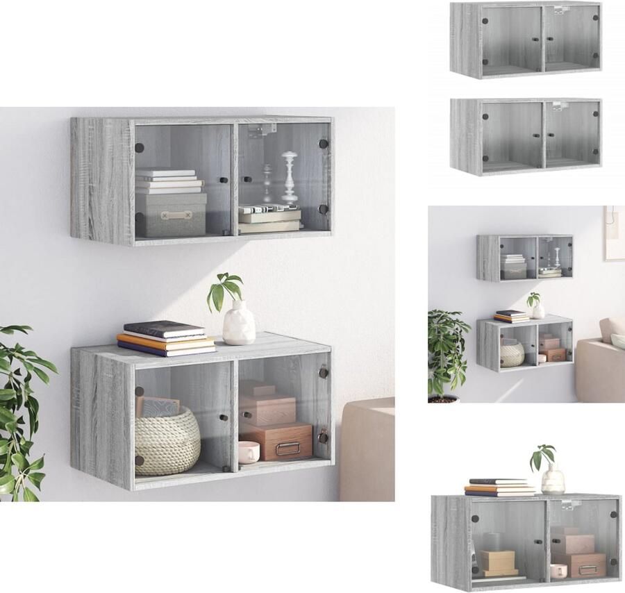 The Living Store Wandkasten met glazen deuren 2 st 68 5x37x35 cm grijs sonoma Hangende Opbergkasten Wandkasten Grijze Kast Houten Kast Opbergoplossing - Foto 3