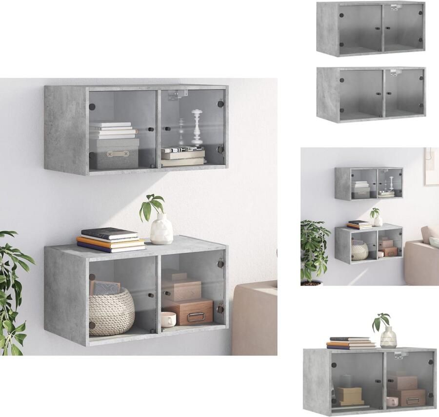 VidaXL Wandkast Wandkasten Opbergkast Wandgemonteerde Kast Wandkasten met glazen deuren 2 st 68 5x37x35 cm betongrijs