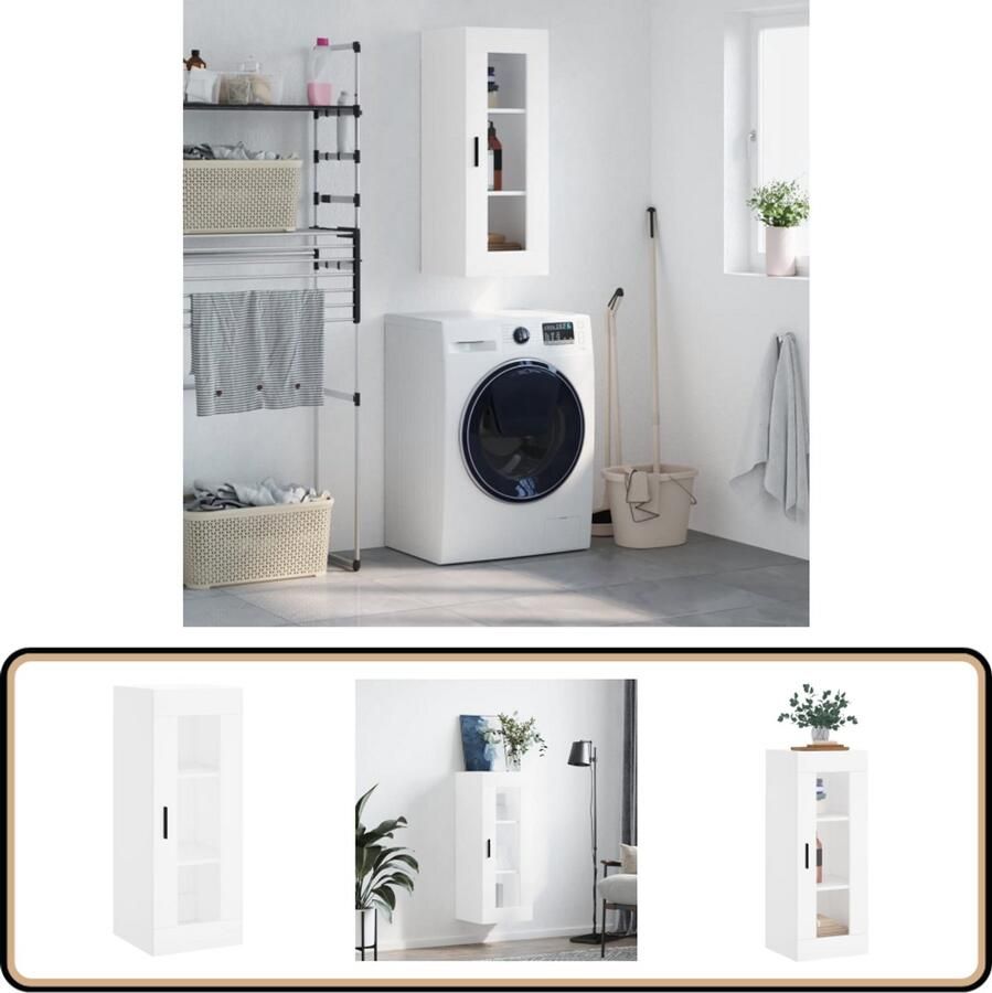 VidaXL Wandkast Wit 34 5x34x90 cm Met glas en hout Zwevende Kast Wandkast Houten Kast Witte Kast Opbergkast - Foto 2