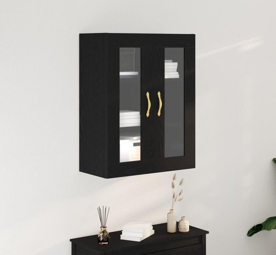 VidaXL Wandkast Zwart Eiken MDF Gehard Glas Groot Deuren Buffetkast