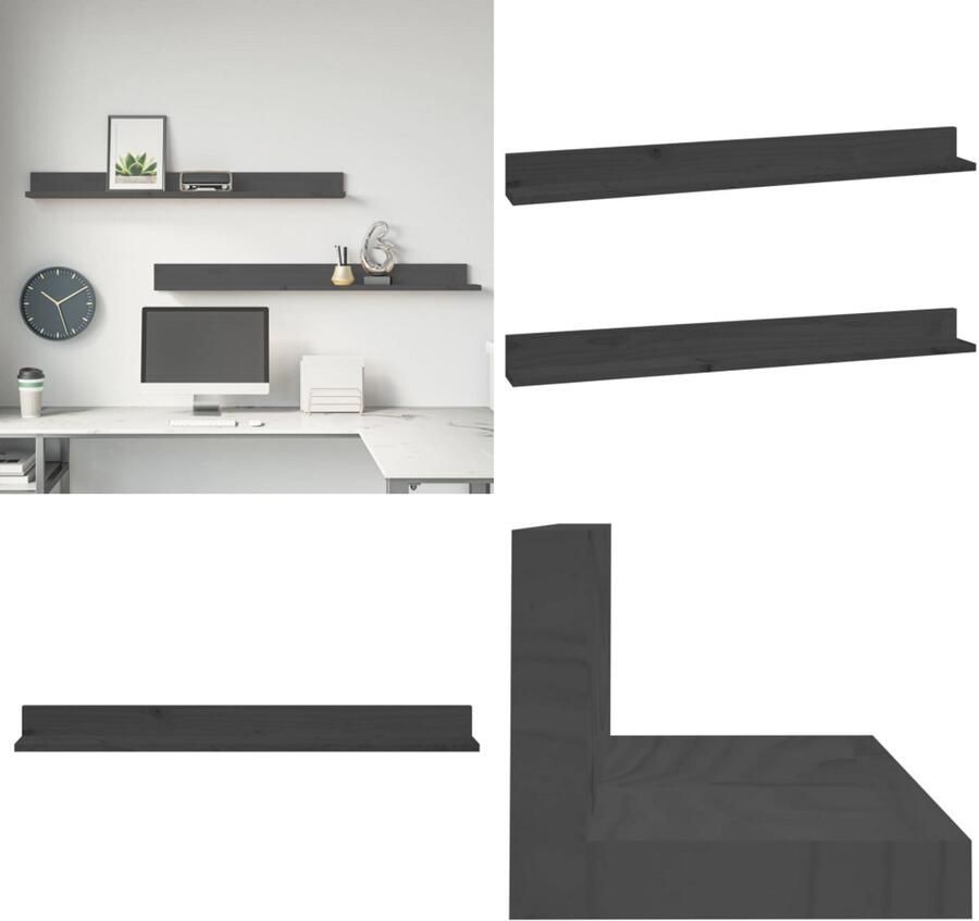 VidaXL Wandkasten 2 st 110x11x9 cm massief grenenhout grijs Wandschap Wandschappen Zwevend Schap Plank