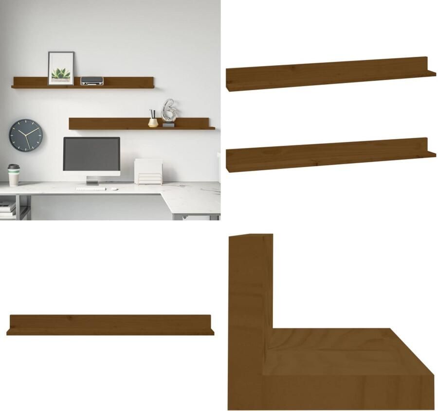 VidaXL Wandkasten 2 st 110x11x9 cm massief grenenhout honingbruin Wandschap Wandschappen Zwevend Schap Plank